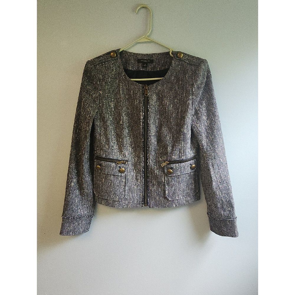 Ann Taylor Navy White‎ Cotton Blend Tweed Zip Up Long Sleeve Blazer Size 4 EUC